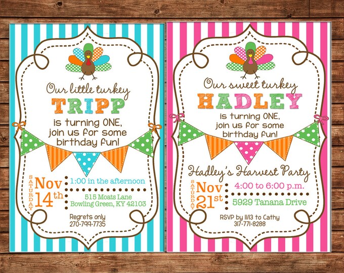 Boy or Girl Invitation Turkey Fall Thanksgiving Shower Birthday Party - Can personalize colors /wording - Printable File or Printed Cards