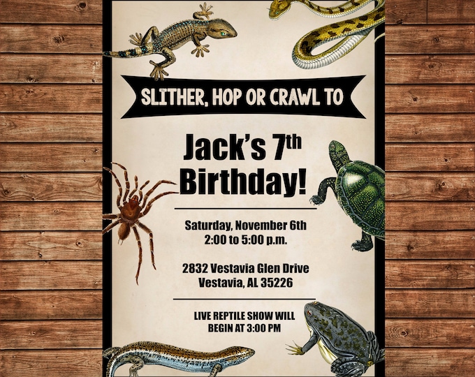 Boy Invitation Reptile Snake Lizard Birthday Party - Can personalize colors /wording - Printable File or Printed Cards