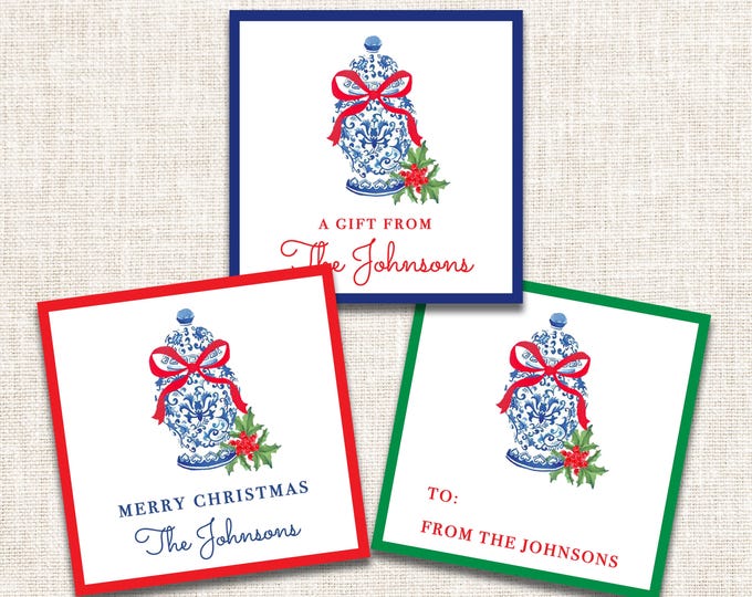 Personalized Christmas Gift Tags, Christmas Enclosure Cards, Christmas Gift Stickers, Christmas Chinoiserie, Christmas Ginger Jar