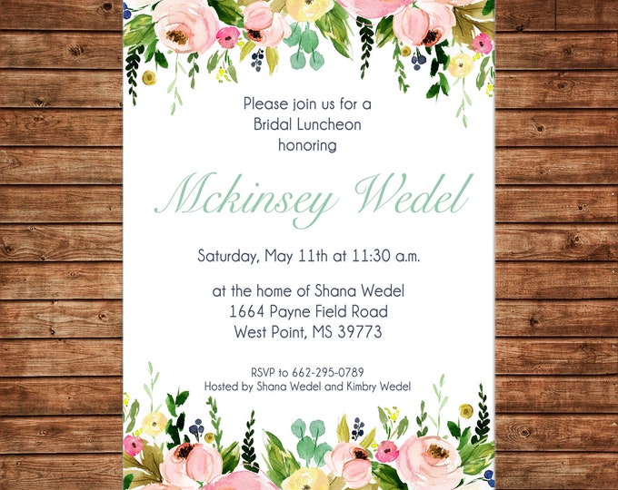 Invitation Watercolor Floral Shower Birthday - Can personalize colors /wording - Printable File or Printed Cards