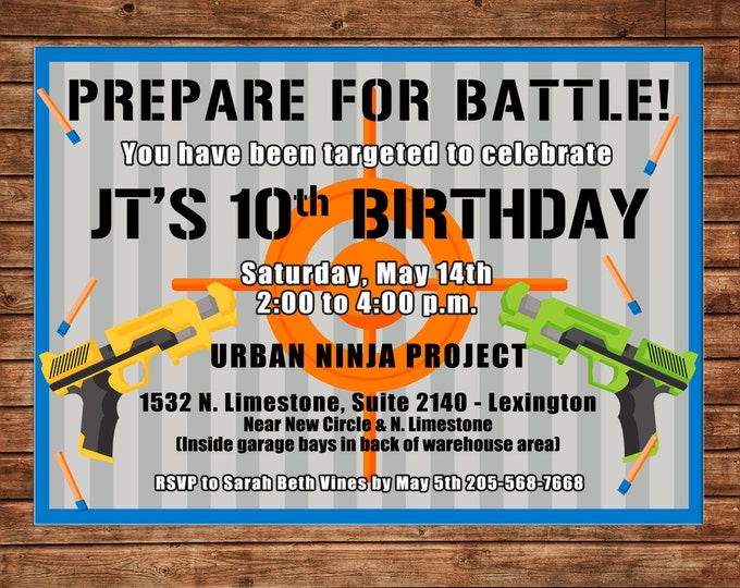 Boy Invitation Dart Gun Target Birthday Party - Can personalize colors /wording - Printable File or Printed Cards