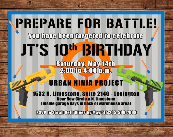 Boy Invitation Dart Gun Target Birthday Party - Can personalize colors /wording - Printable File or Printed Cards