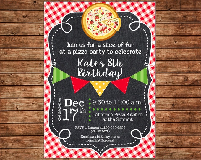 Boy or Girl Invitation Pizza Pizzeria Birthday Party - Can personalize colors /wording - Printable File or Printed Cards