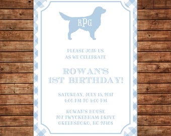 Boy or Girl Invitation Gingham Check Monogram Dog Puppy Birthday Party - Can personalize colors /wording - Printable File or Printed Cards