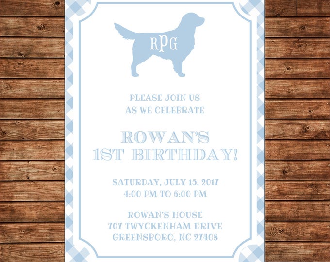 Boy or Girl Invitation Gingham Check Monogram Dog Puppy Birthday Party - Can personalize colors /wording - Printable File or Printed Cards