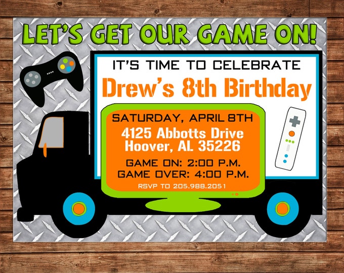 Boy or Girl Invitation Video Game Truck Birthday Party - Can personalize colors /wording - Printable File or Printed Cards