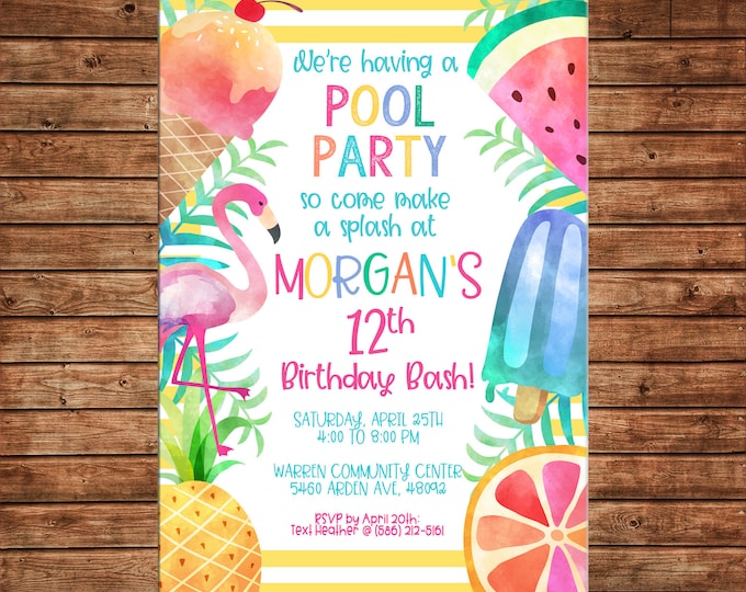 Invitation Watercolor Tropical Hawaiian Summer Pool Luau Party - Can personalize colors /wording - Printable File or Printed Cards