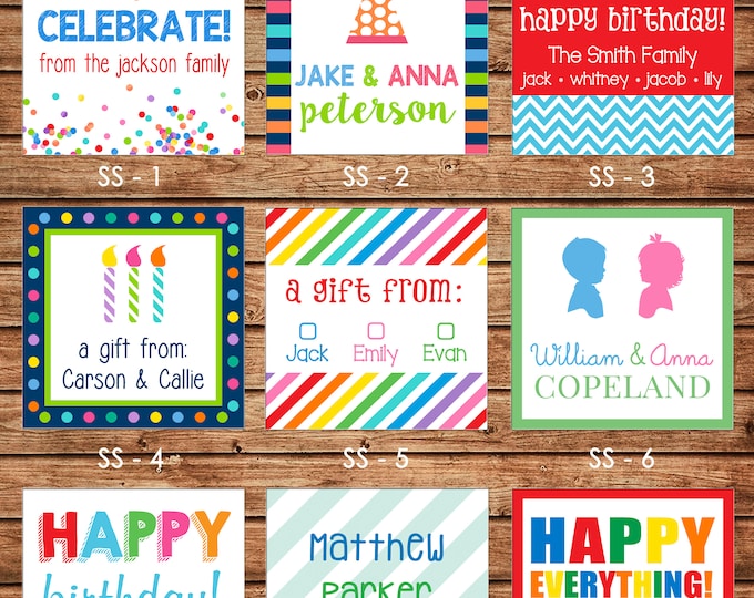 24 Square Personalized Sibling Family Kids Enclosure Cards, Gift Stickers, Gift Tags