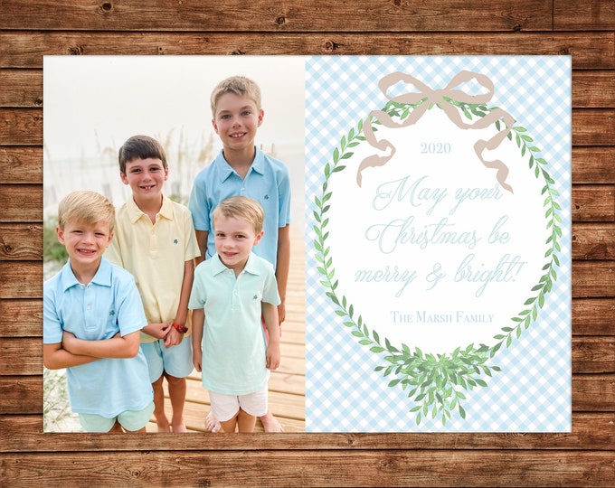 Christmas Holiday Photo Card Blue Gingham Watercolor Wreath Bow - Can Personalize - Printable File