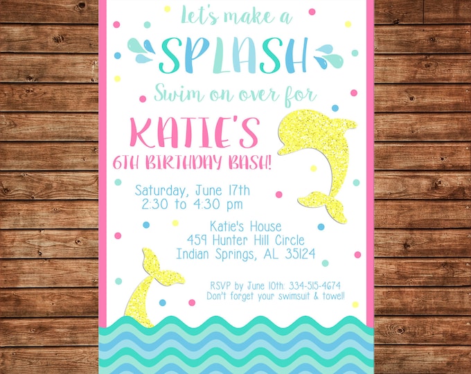 Girl Invitation Dolphin Glitter Pool Ocean Beach Birthday Party - Can personalize colors /wording - Printable File or Printed Cards