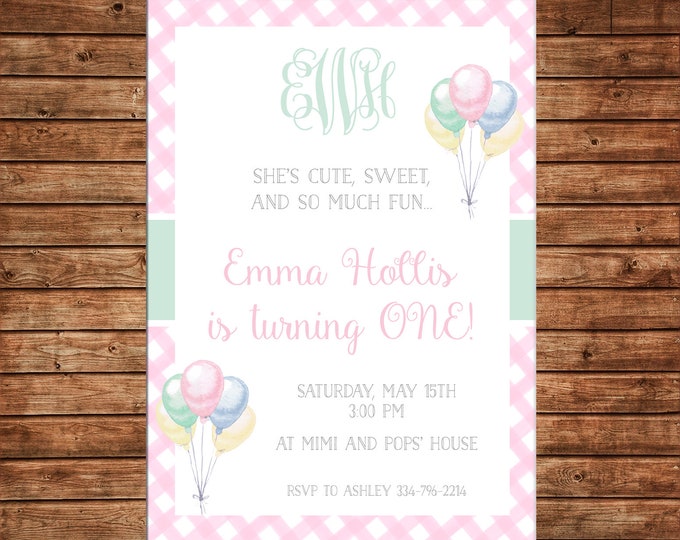 Girl Invitation Watercolor Balloon Balloons Monogram Gingham Birthday - Can personalize colors /wording - Printable File or Printed Cards