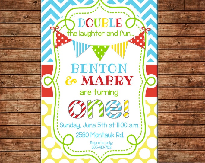 Boy or Girl Invitation Twins Sibling Gender Neutral Birthday Party - Can personalize colors /wording - Printable File or Printed Cards