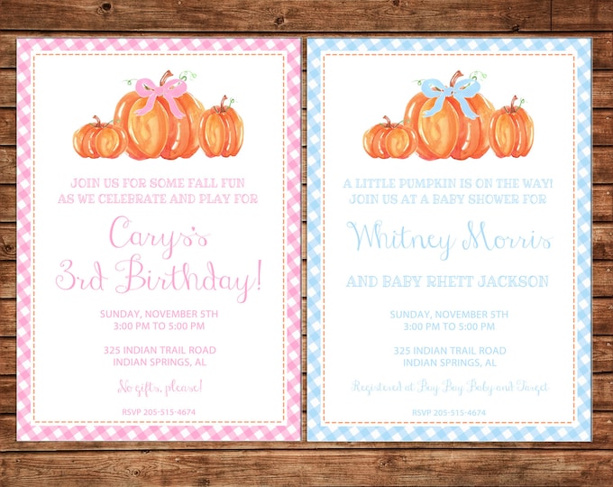 Boy or Girl Invitation Watercolor Pumpkin Baby Shower Birthday Party - Can personalize colors /wording - Printable File or Printed Cards