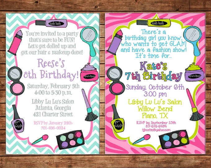 Girl Invitation Makeover Makeup Fashion Show Dress Up Birthday Party - Can personalize colors /wording - Printable File or Printed Cards