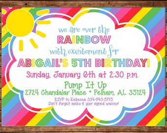 Girl Invitation Rainbow Stripe Clouds Sun Birthday Party - Can personalize colors /wording - Printable File or Printed Cards