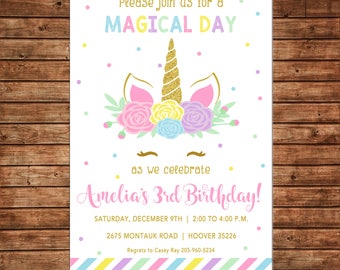 Girl Invitation Unicorn Head Face Horn Glitter Floral Birthday Party - Can personalize colors /wording - Printable File or Printed Cards