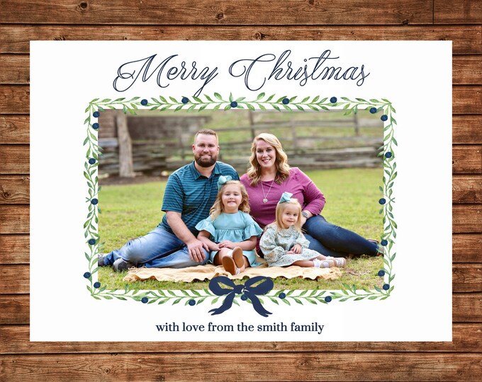 Christmas Holiday Photo Card Navy Watercolor Wreath - Can Personalize - Printable File
