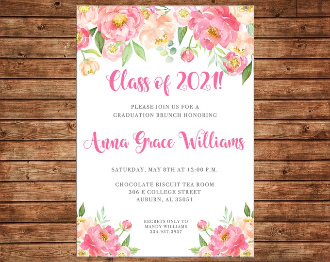 Girl Invitation Graduation Party Brunch Watercolor Flowers - Can personalize colors /wording - Printable File or Printed Cards