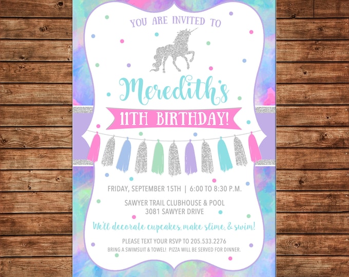 Girl Invitation Glitter Unicorn Tassel Watercolor Birthday Party - Can personalize colors /wording - Printable File or Printed Cards