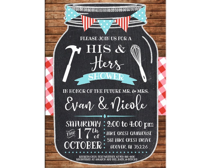 Invitation Mason Jar Chalkboard Red Gingham His Hers Shower Party - Can personalize colors /wording - Printable File or Printed Cards