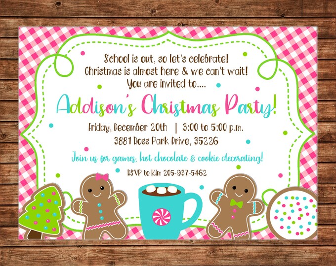 Christmas Invitation Girl Party Cookies Hot Cocoa Birthday - Can personalize colors /wording - Printable File or Printed Cards