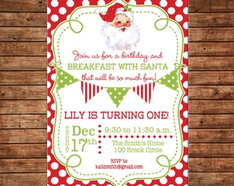 Christmas Invitation Vintage Santa Bunting Birthday Party - Can personalize colors /wording - Printable File or Printed Cards