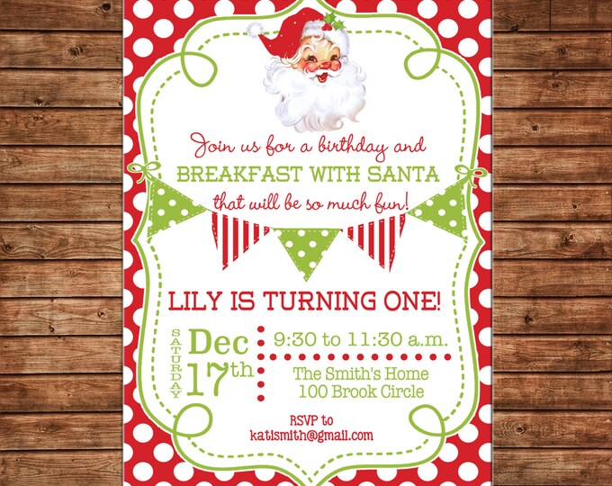 Christmas Invitation Vintage Santa Bunting Birthday Party - Can personalize colors /wording - Printable File or Printed Cards