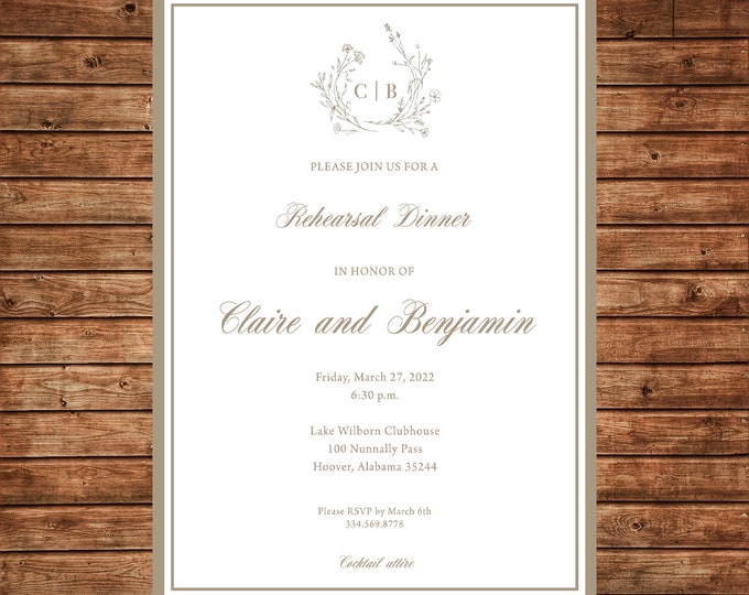 Invitation Monogram Rehearsal Dinner Bridal Party Shower - Can personalize colors /wording - Printable File or Printed Cards