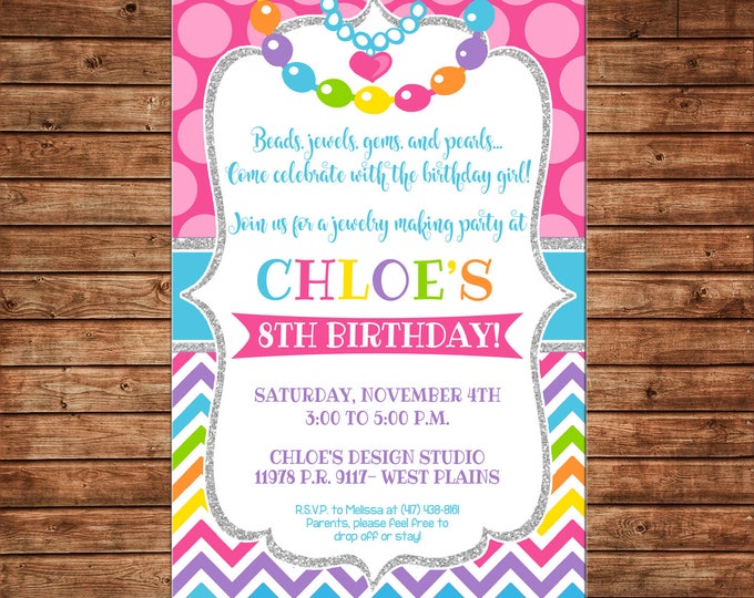 Girl Invitation Jewelry Making Jewels Glitter Sparkle Birthday Party - Can personalize colors /wording - Printable File or Printed Cards