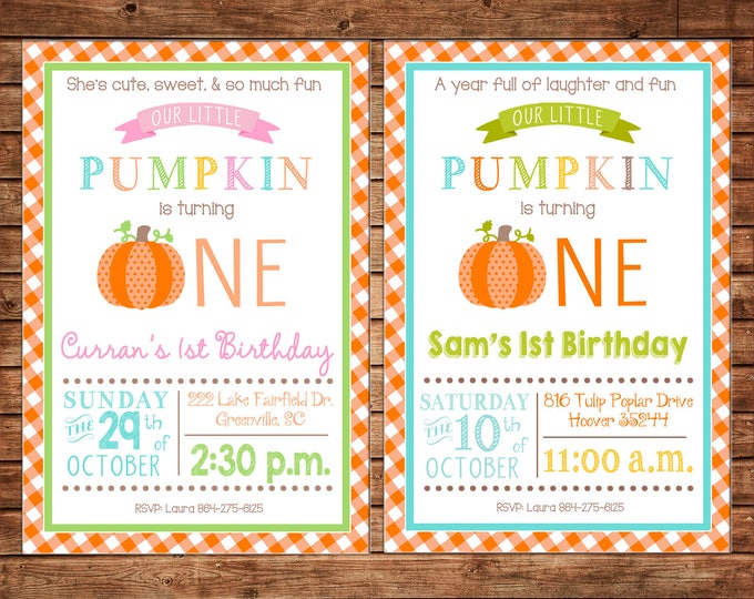 Boy or Girl Invitation Little Pumpkin One Halloween Birthday Party - Can personalize colors /wording - Printable File or Printed Cards