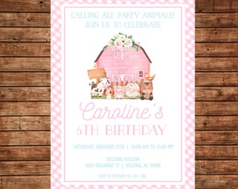 Girl Invitation Pink Barnyard Barn Petting Zoo Farm Birthday Party - Can personalize colors /wording - Printable File or Printed Cards