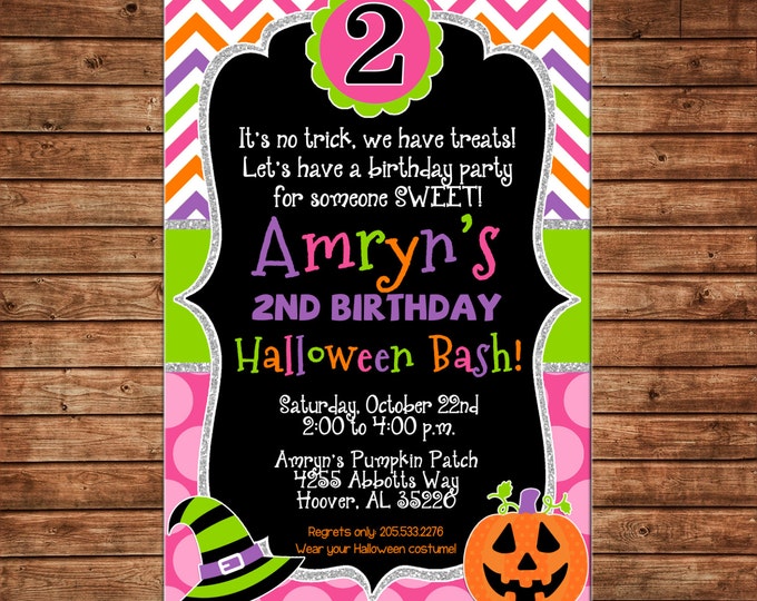Girl Invitation Halloween Glitter Birthday Party - Can personalize colors /wording - Printable File or Printed Cards