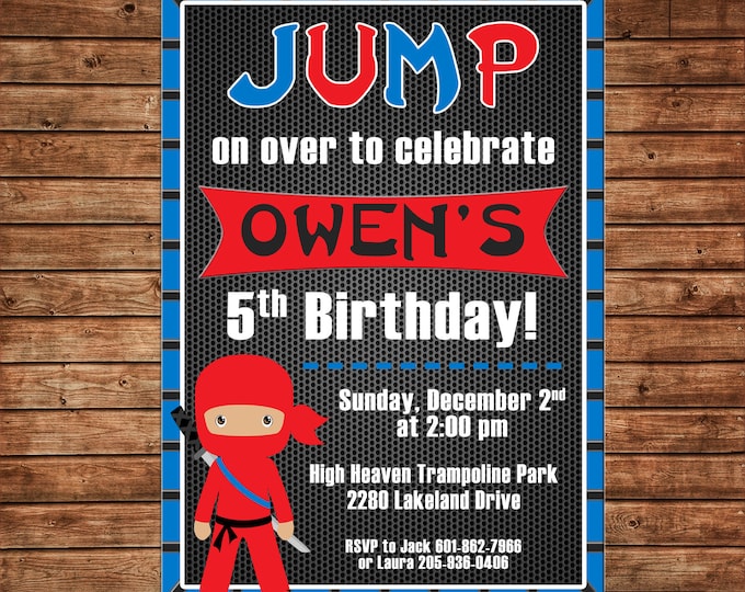 Boy Invitation Trampoline Park Ninja Birthday Party - Can personalize colors /wording - Printable File or Printed Cards