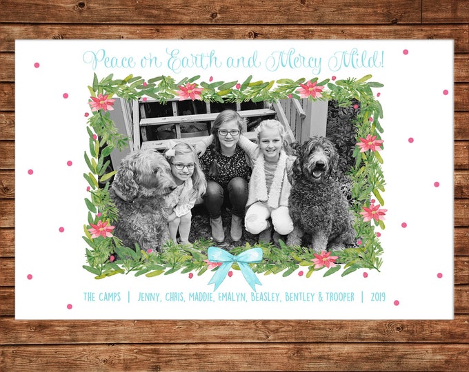 Christmas Holiday Photo Card Pink Blue Watercolor Wreath - Can Personalize - Printable File