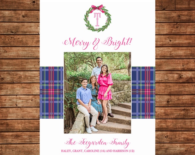 Christmas Holiday Photo Card Tartan Plaid Wreath - Can Personalize - Printable File