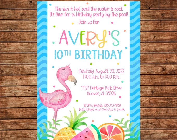 Invitation Watercolor Tropical Hawaiian Flamingo Summer Pool Luau Party - Can personalize colors /wording - Printable File or Printed Cards