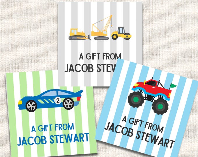 Personalized Boy Gift Tags, Boy Enclosure Cards, Boy Gift Stickers, Race Car, Construction, Monster Truck