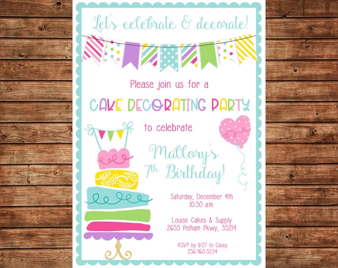 Girl  Birthday Party Cake Decorating Invitation - Can personalize colors /wording - Printable File or Printed Cards