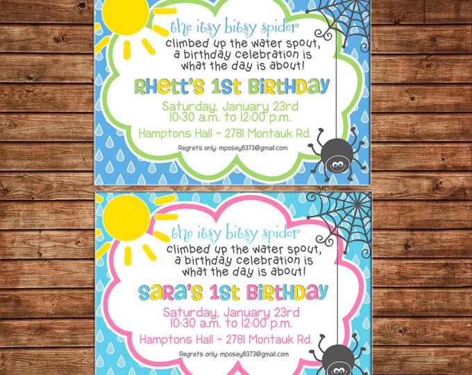 Boy or Girl Invitation Spider Rain Cloud Sun Birthday Party - Can personalize colors /wording - Printable File or Printed Cards