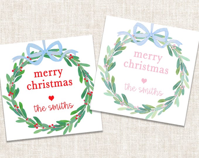 Personalized Christmas Gift Tags, Christmas Enclosure Cards, Christmas Gift Stickers, Watercolor Christmas Wreath