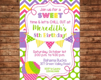 Girl Invitation Shaved Ice Snow cone Snowcone Birthday Party - Can personalize colors /wording - Printable File or Printed Cards