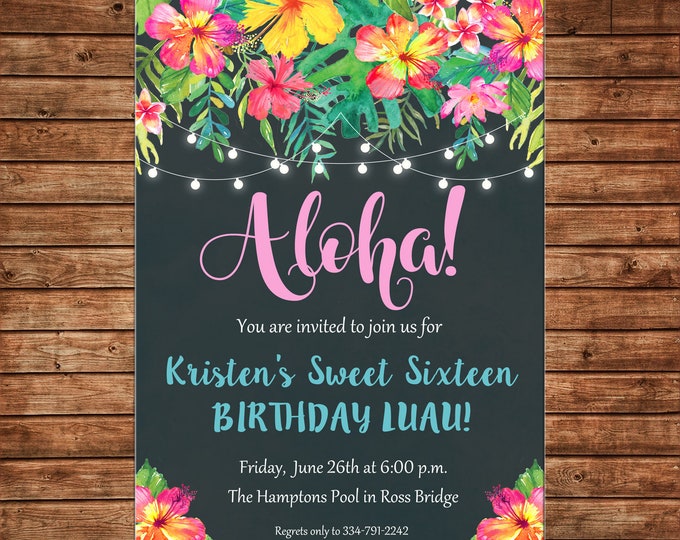 Invitation Watercolor Hawaiian Tropical Flowers Luau Party - Can personalize colors /wording - Printable File or Printed Cards