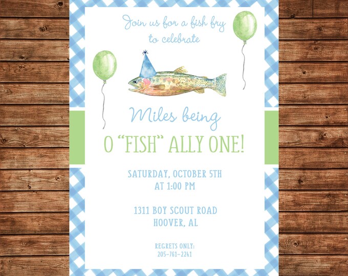 Boy Invitation Watercolor Fish Fishing Birthday Party - Can personalize colors /wording - Printable File or Printed Cards