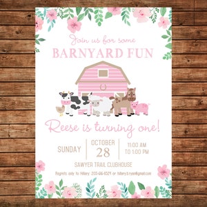 Girl Invitation Pink Barnyard Barn Petting Zoo Farm Birthday Party - Can personalize colors /wording - Printable File or Printed Cards