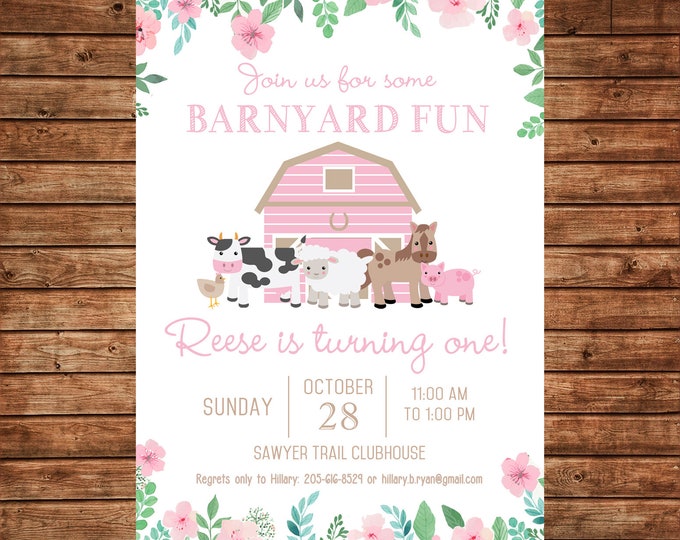 Girl Invitation Pink Barnyard Barn Petting Zoo Farm Birthday Party - Can personalize colors /wording - Printable File or Printed Cards