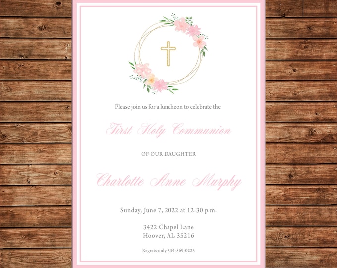 Girl Invitation Floral Baptism Christening Dedication Cross Announcement - Can personalize colors /wording - Printable File or Printed Cards