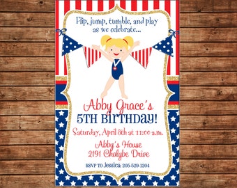 Girl Invitation Gymnastics Red White Blue Gold USA Birthday Party - Can personalize colors /wording - Printable File or Printed Cards