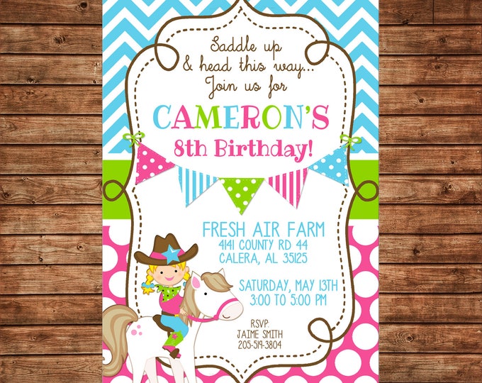 Girl Invitation Pony Horse Riding Farm Cowgirl Birthday Party - Can personalize colors /wording - Printable File or Printed Cards