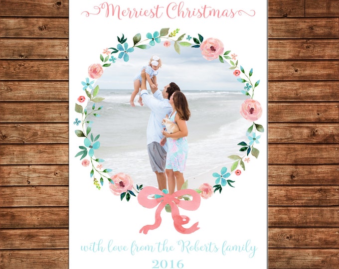 Christmas Holiday Photo Card Watercolor Floral Wreath - Can Personalize - Printable File