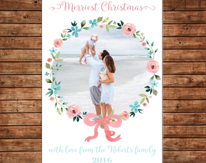 Christmas Holiday Photo Card Watercolor Floral Wreath - Can Personalize - Printable File